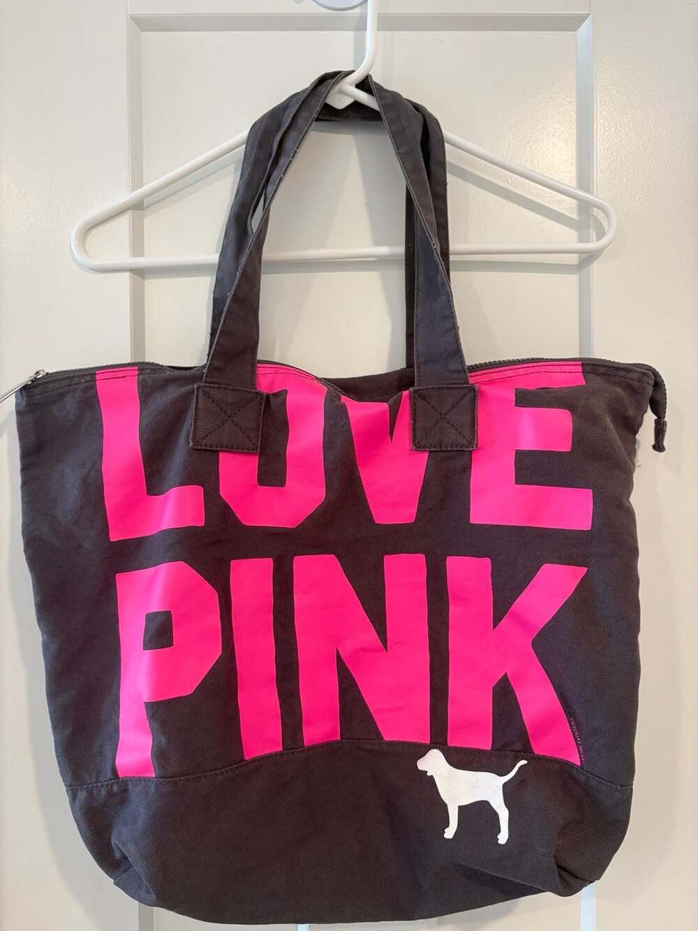 Victoria’s Secret PINK Love Large Pink Tote Bag Black Hot Pink Canvas Y2K Zip